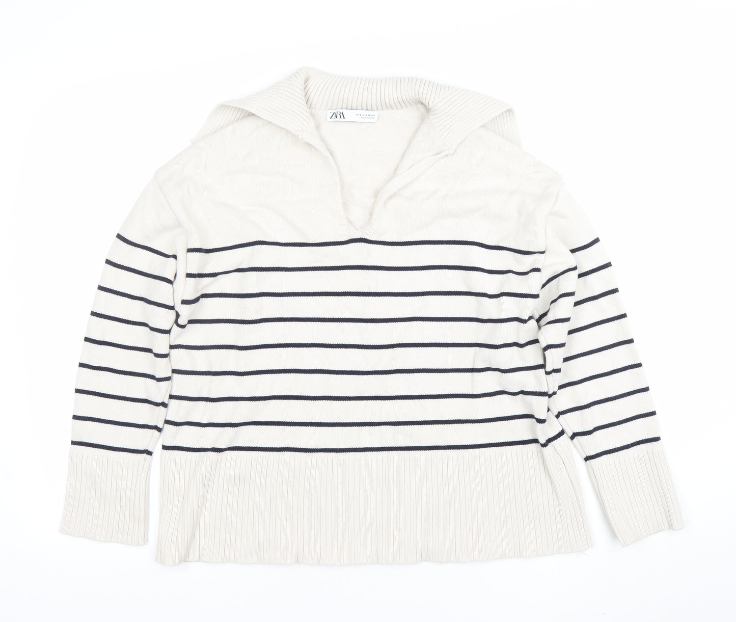 ZARA Women Ivory Striped Knit Collared Long Sleeve Pullover Jumper Size 10