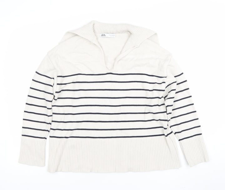 ZARA Women Ivory Striped Knit Collared Long Sleeve Pullover Jumper Size 10