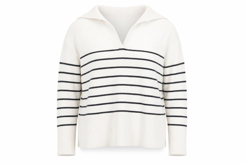 Front view of Zara Women Ivory Striped Knit Collared Long Sleeve jumper, size 10