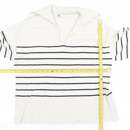 ZARA Women Ivory Striped Knit Collared Long Sleeve Pullover Jumper Size 10