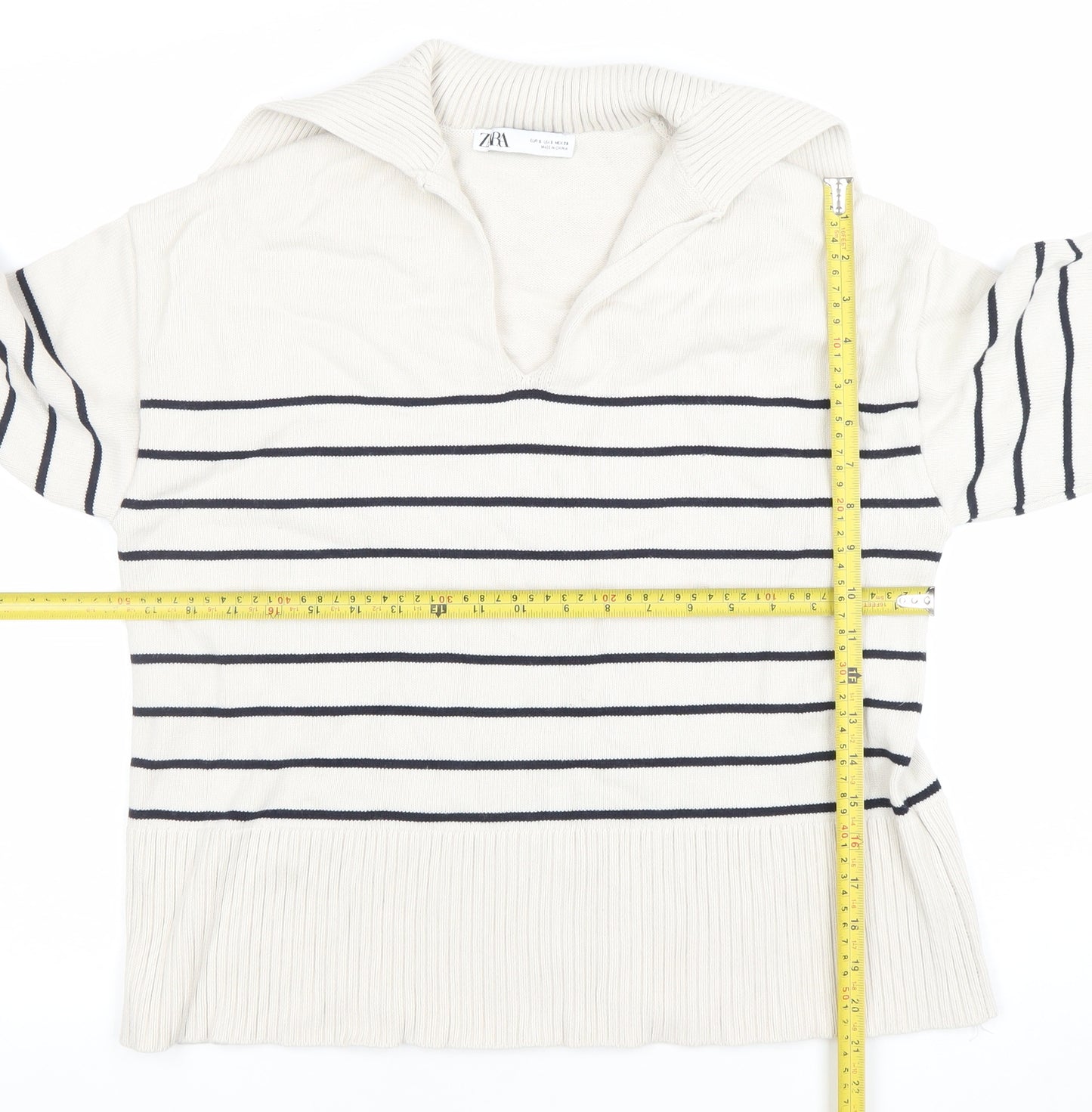 ZARA Women Ivory Striped Knit Collared Long Sleeve Pullover Jumper Size 10