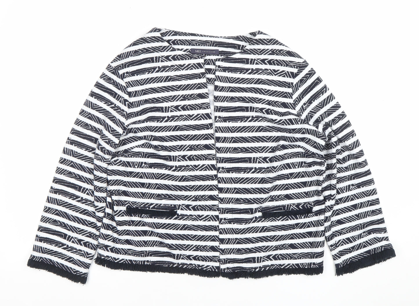 Marks and Spencer Women’s Black White Striped Fringe Trim Cardigan Size 14