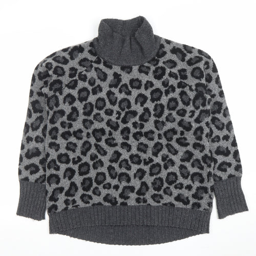 Cynthia Rowley Womens Grey Leopard Roll Neck Wool Blend Jumper L