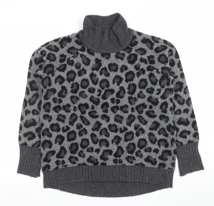 Cynthia Rowley Womens Grey Leopard Roll Neck Wool Blend Jumper L