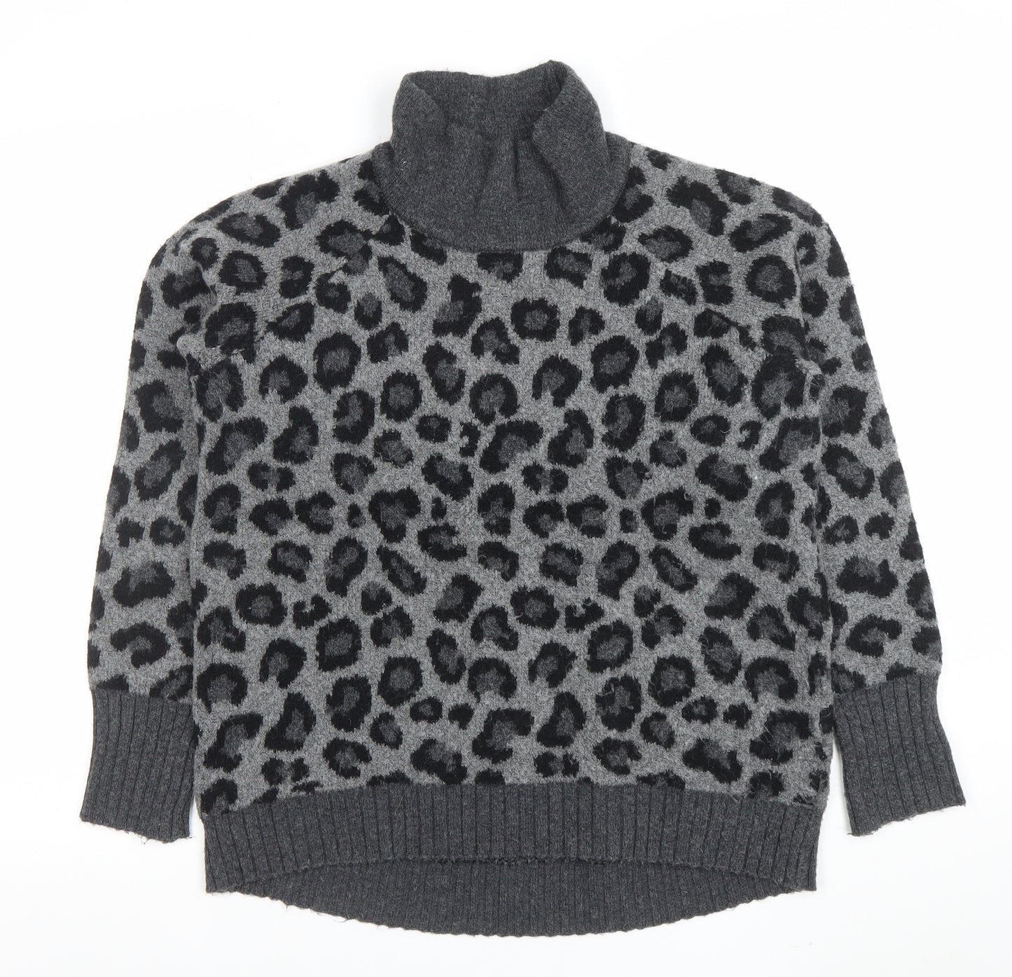 Cynthia Rowley Womens Grey Leopard Roll Neck Wool Blend Jumper L