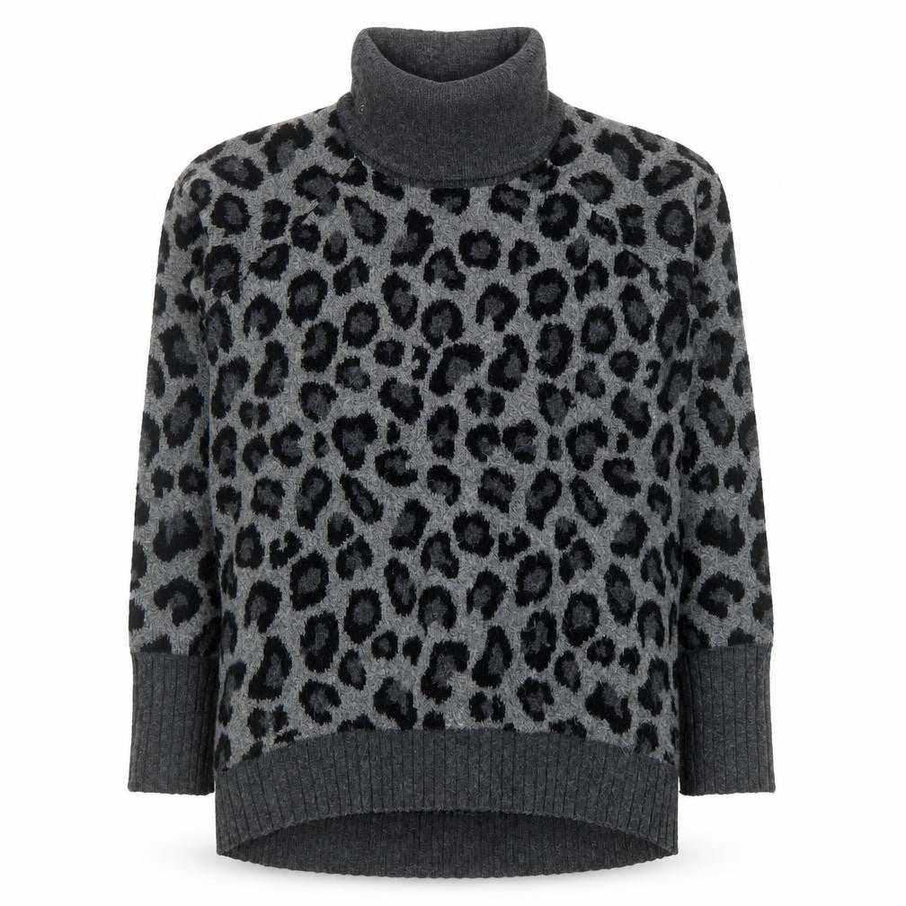 Front view of Cynthia Rowley women’s grey leopard roll neck wool blend jumper l