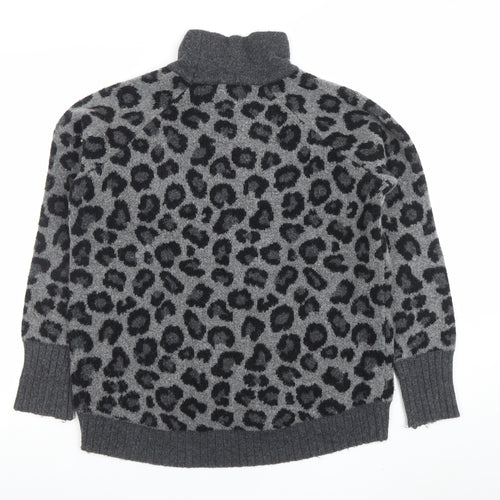Cynthia Rowley Womens Grey Leopard Roll Neck Wool Blend Jumper L