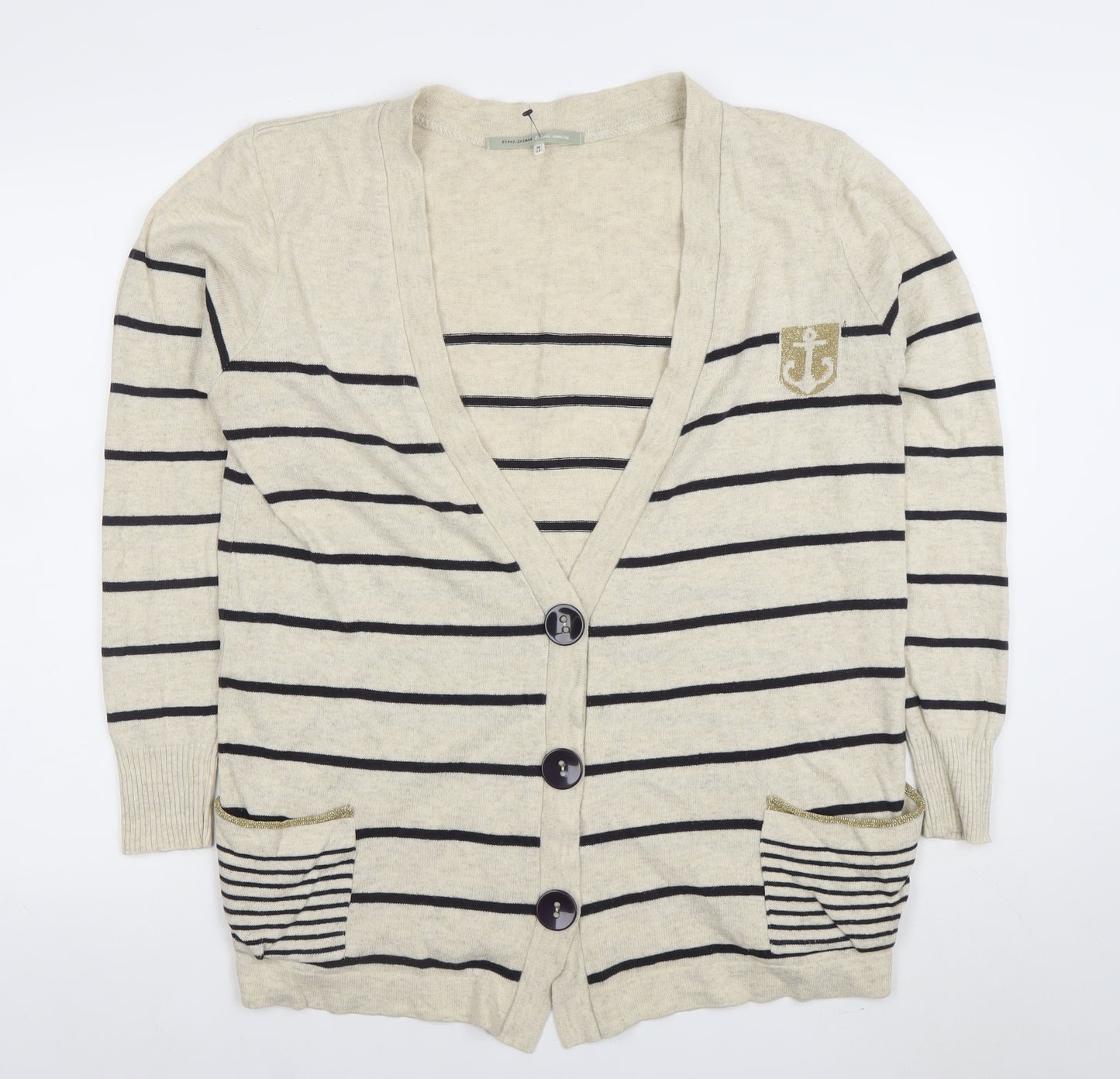 2 Frock Amazing Women's Beige Striped V-Neck Cardigan Size 16