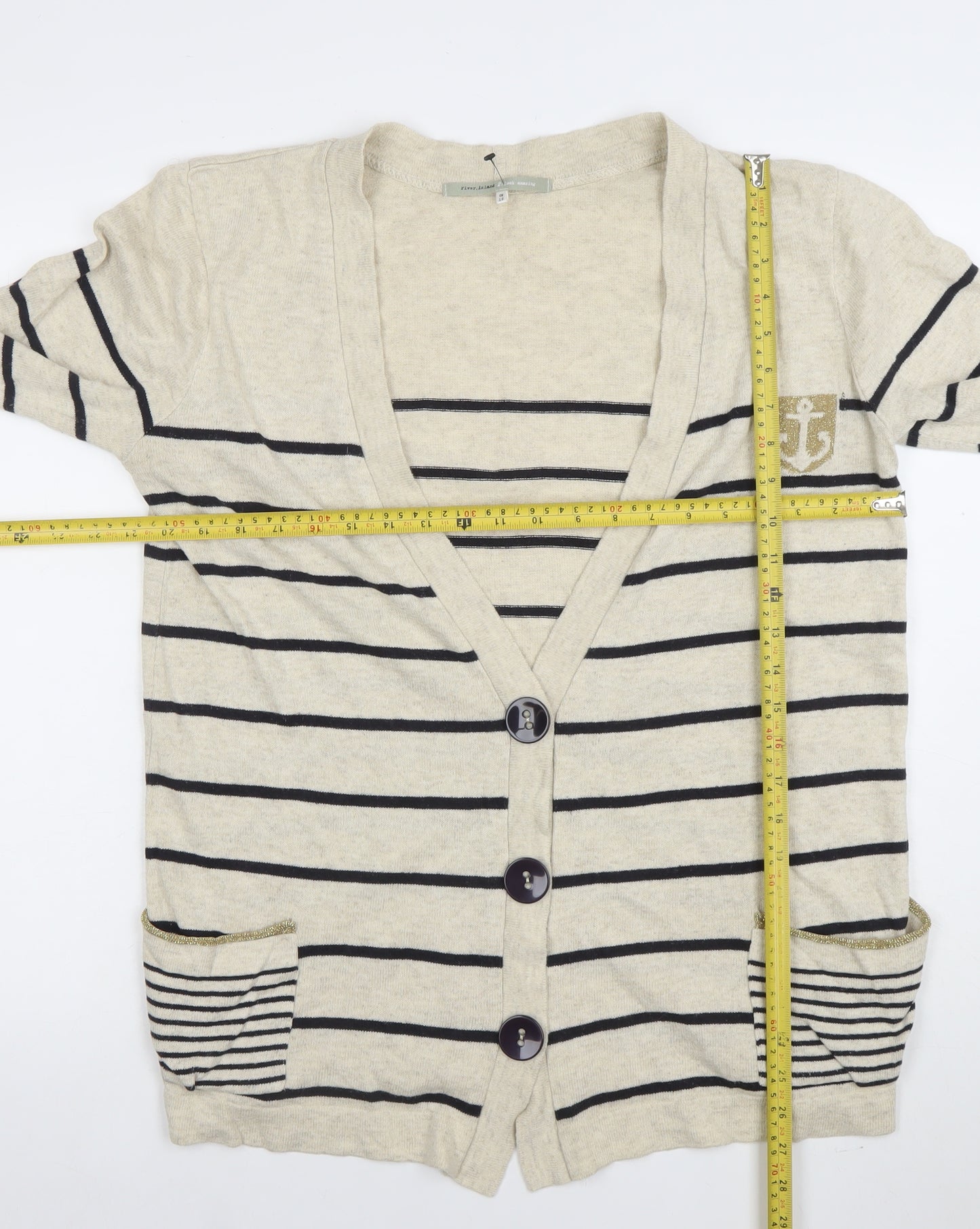 2 Frock Amazing Women's Beige Striped V-Neck Cardigan Size 16