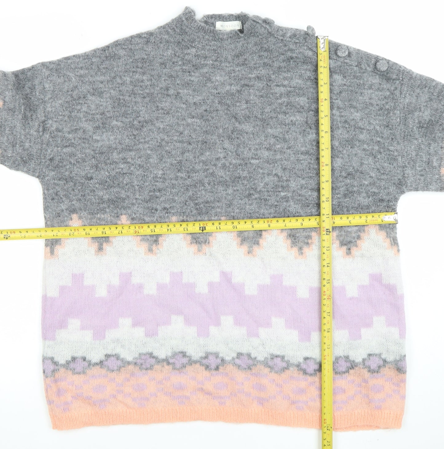 Monsoon Women’s Grey Fair Isle Mock Neck Wool Blend Jumper Size M