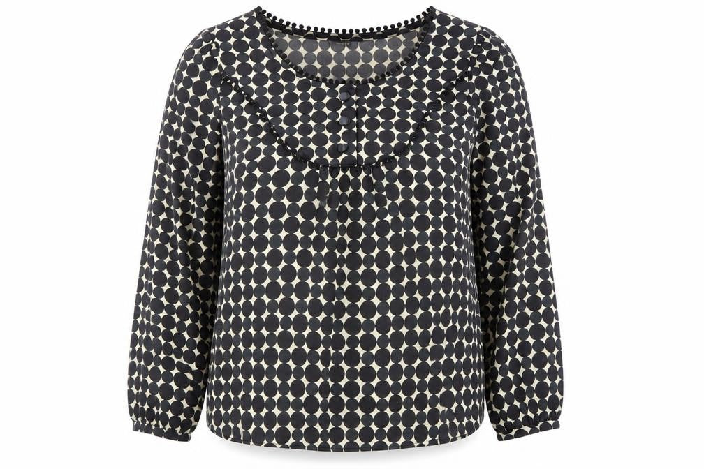 Front view of Comma Women’s Black Polka Dot Long Sleeve Tunic Blouse, size L