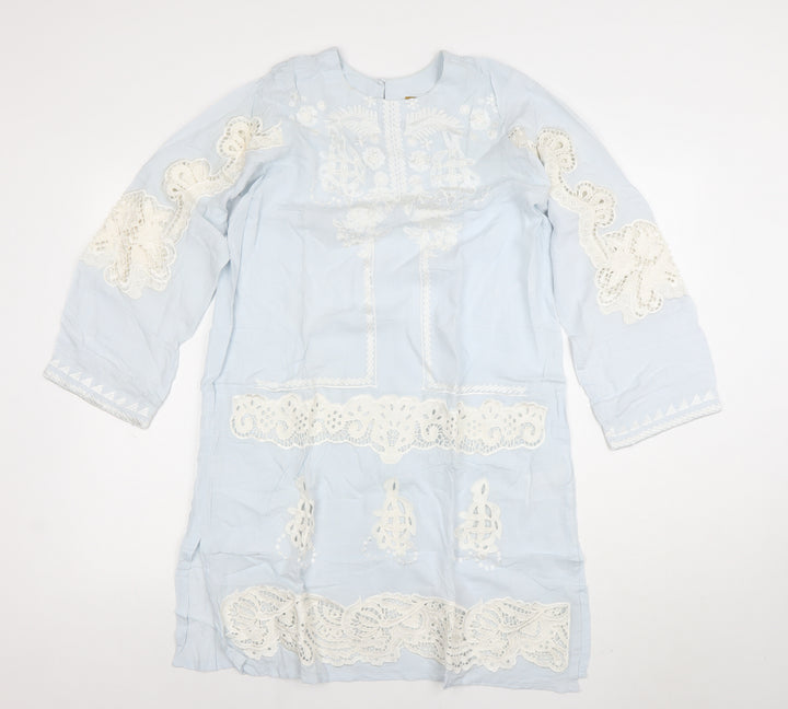 Sana Safinaz Women Blue Embroidered Cotton Shift Dress M