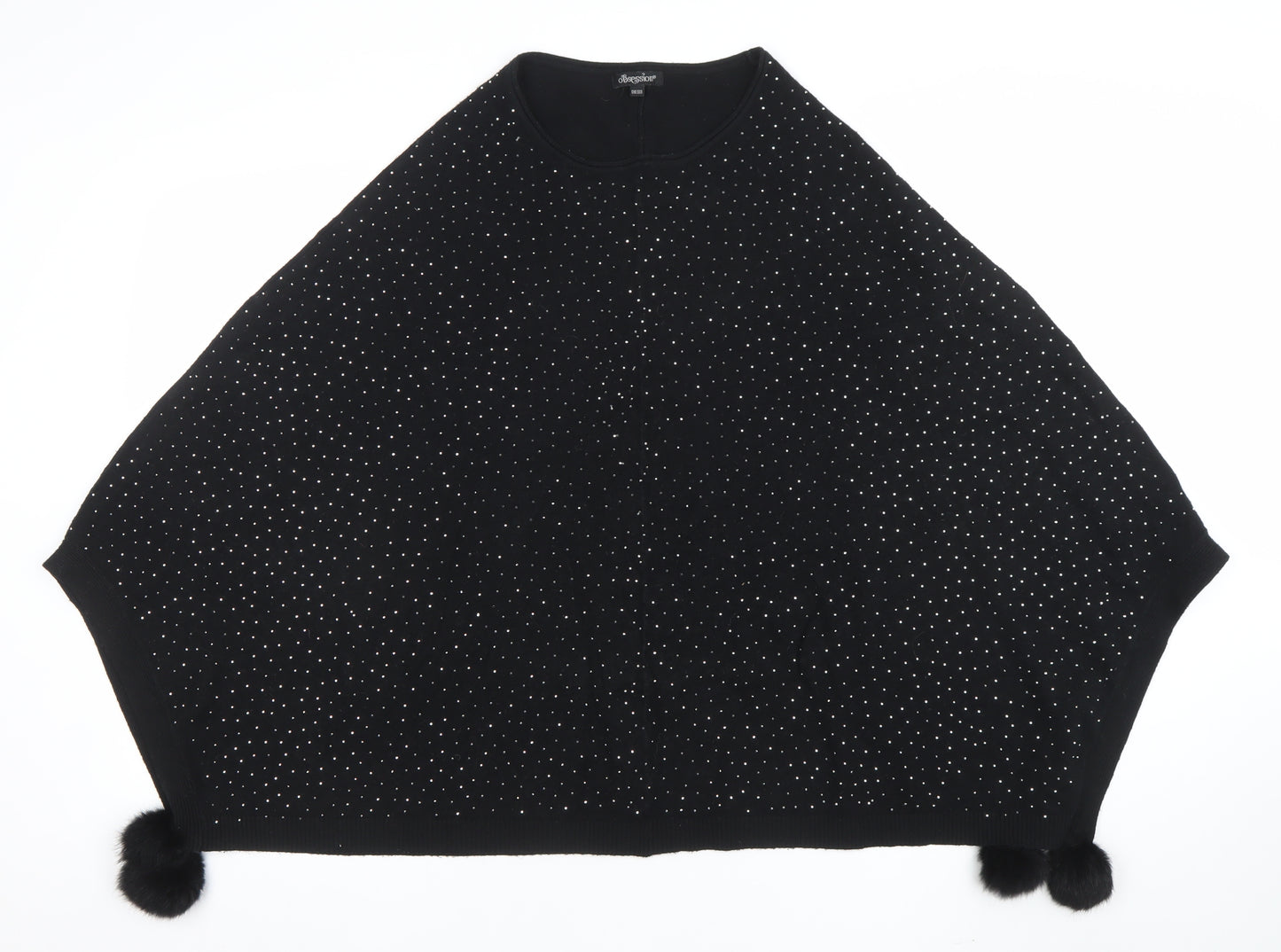Oberston Womens Black Rhinestone Cape Poncho One Size Knit Jumper