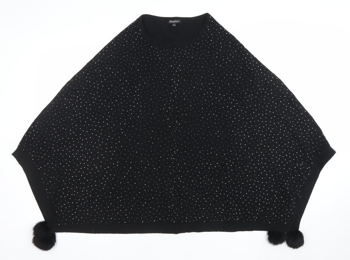 Oberston Womens Black Rhinestone Cape Poncho One Size Knit Jumper