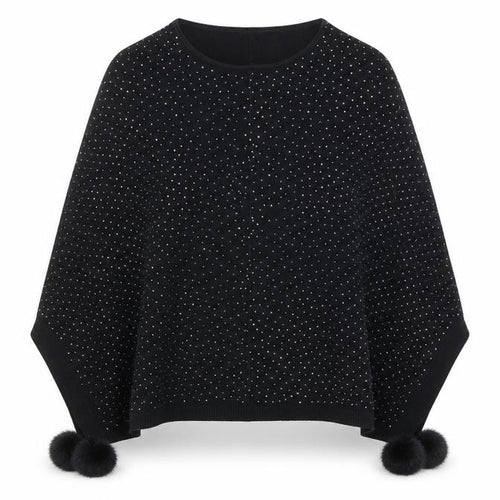 Oberston Womens Black Rhinestone Cape Poncho One Size Knit Jumper