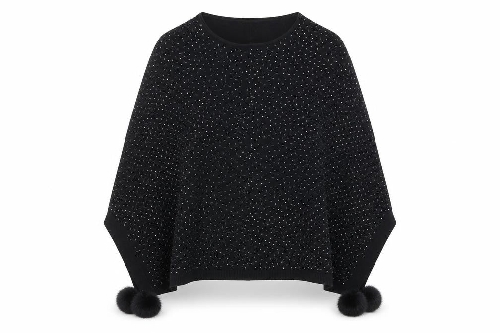 Oberston Womens Black Rhinestone Cape Poncho One Size Knit Jumper