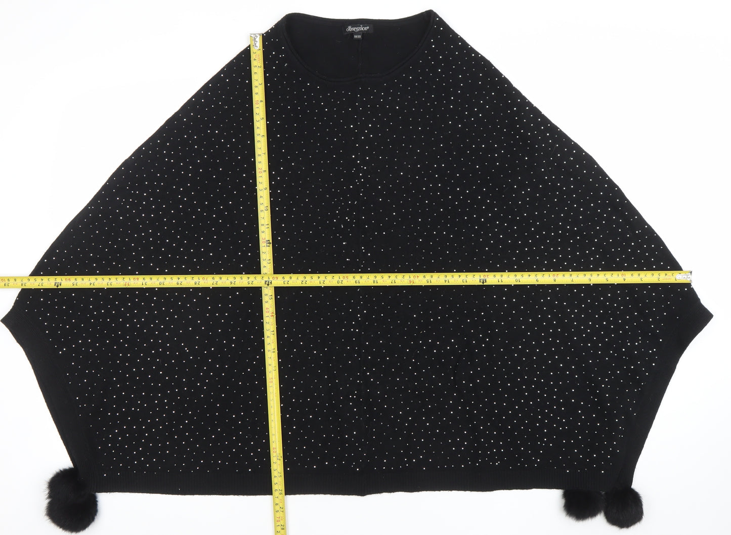 Oberston Womens Black Rhinestone Cape Poncho One Size Knit Jumper