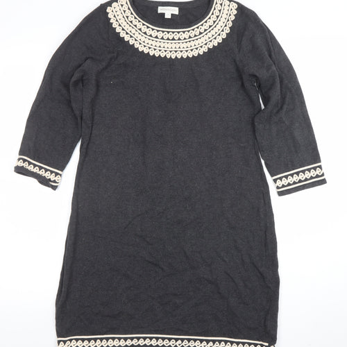 Monsoon Women Grey Embroidered Knit Shift Dress M Knee Length
