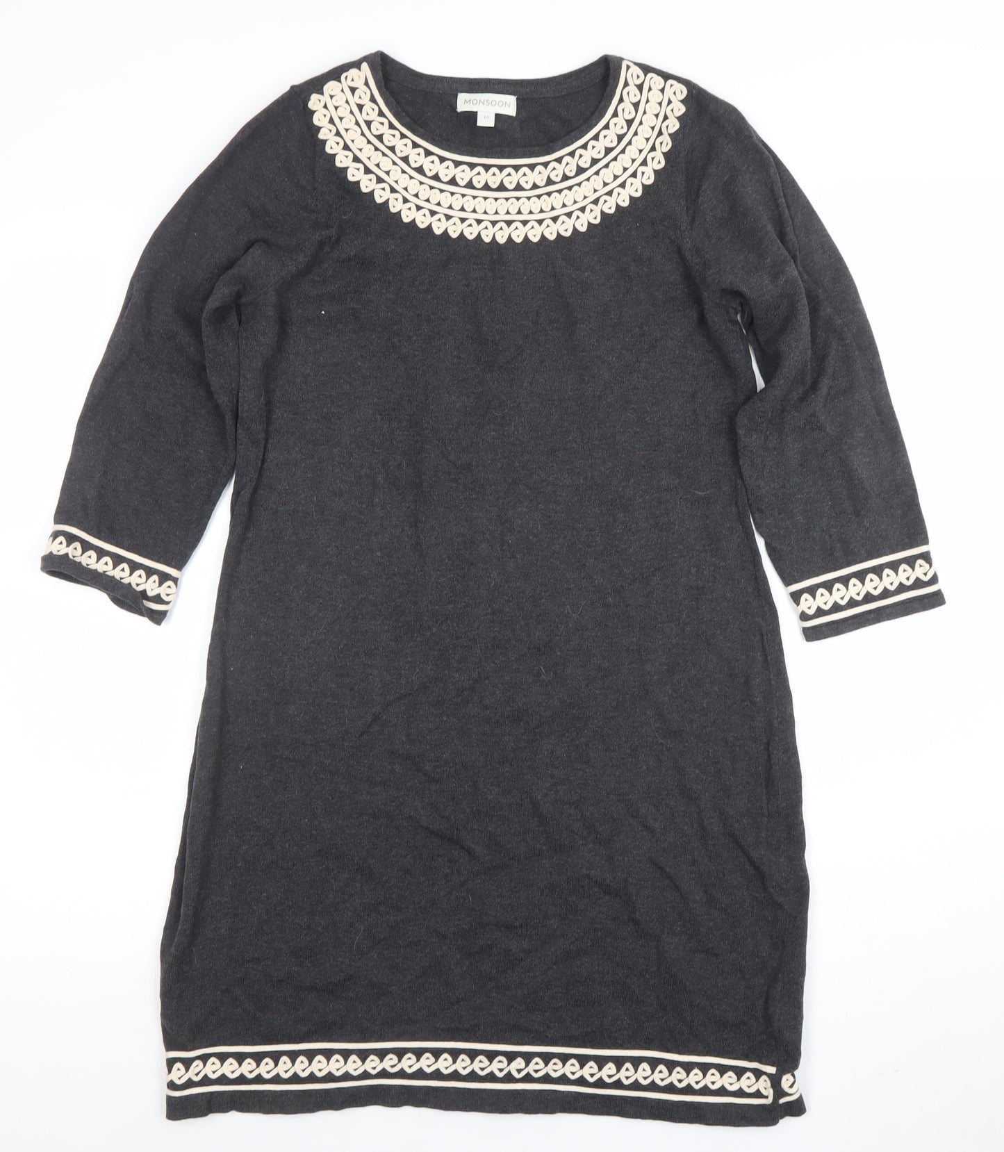 Monsoon Women Grey Embroidered Knit Shift Dress M Knee Length