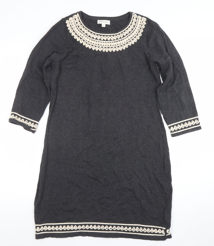 Monsoon Women Grey Embroidered Knit Shift Dress M Knee Length