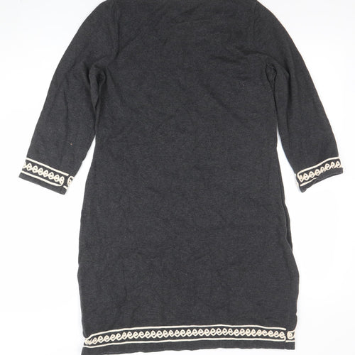 Monsoon Women Grey Embroidered Knit Shift Dress M Knee Length