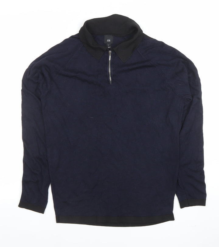 River Island Men's Blue Long Sleeve 1/4 Zip Knit Polo Shirt Size M