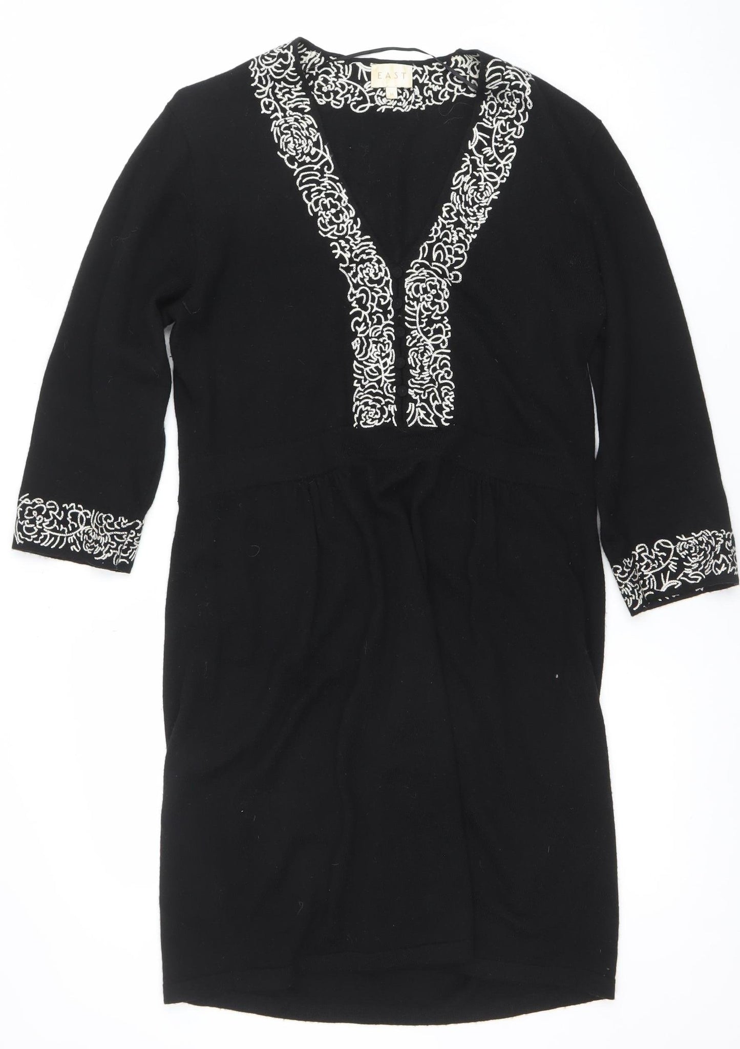 EAST Women Black Embroidered Wool Knit Shift Dress M