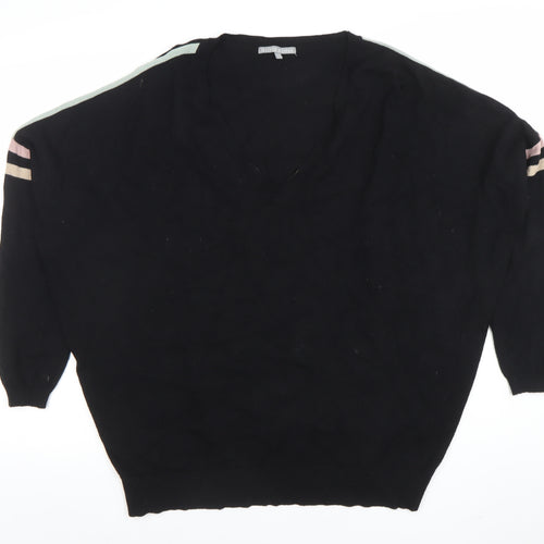 Oliver Bonas Women's Black V-Neck Relaxed 3/4 Sleeve Knit Jumper Size 12