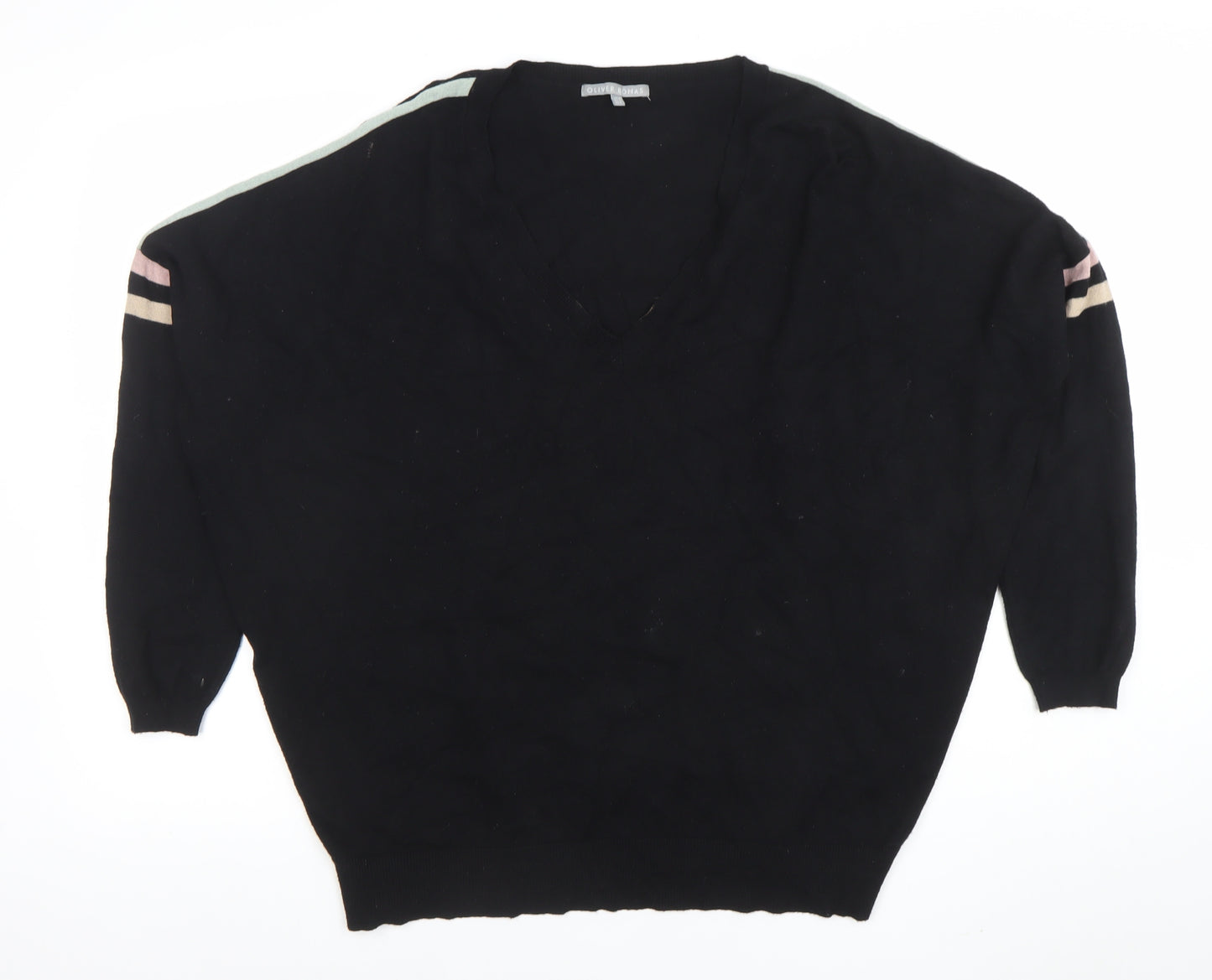 Oliver Bonas Women's Black V-Neck Relaxed 3/4 Sleeve Knit Jumper Size 12