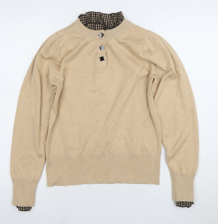 River Island Women Beige Size 12 Mock Neck Puff Sleeve Jumper
