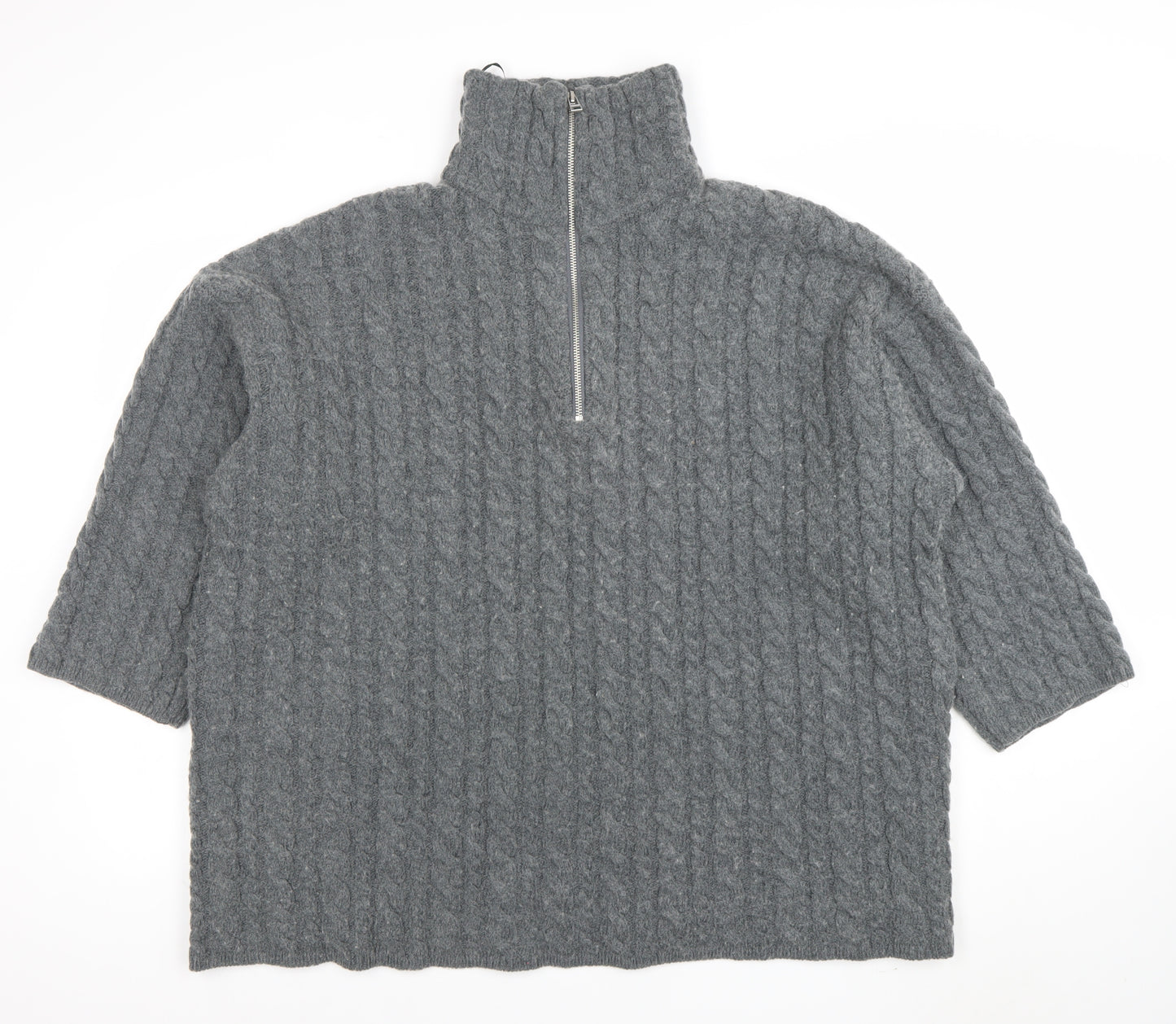 H&M Women’s Grey Wool Blend Cable-Knit Half Zip Jumper Size S