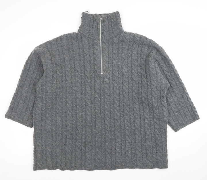 H&M Women’s Grey Wool Blend Cable-Knit Half Zip Jumper Size S