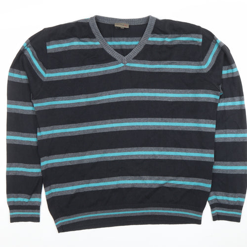 Remus Uomo Men's Blue Striped V-Neck Cotton Blend Jumper XL