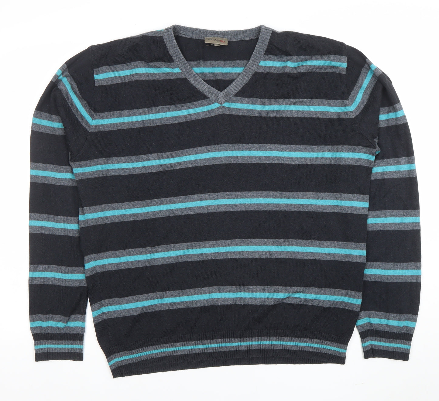 Remus Uomo Men's Blue Striped V-Neck Cotton Blend Jumper XL