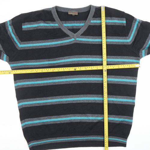 Remus Uomo Men's Blue Striped V-Neck Cotton Blend Jumper XL