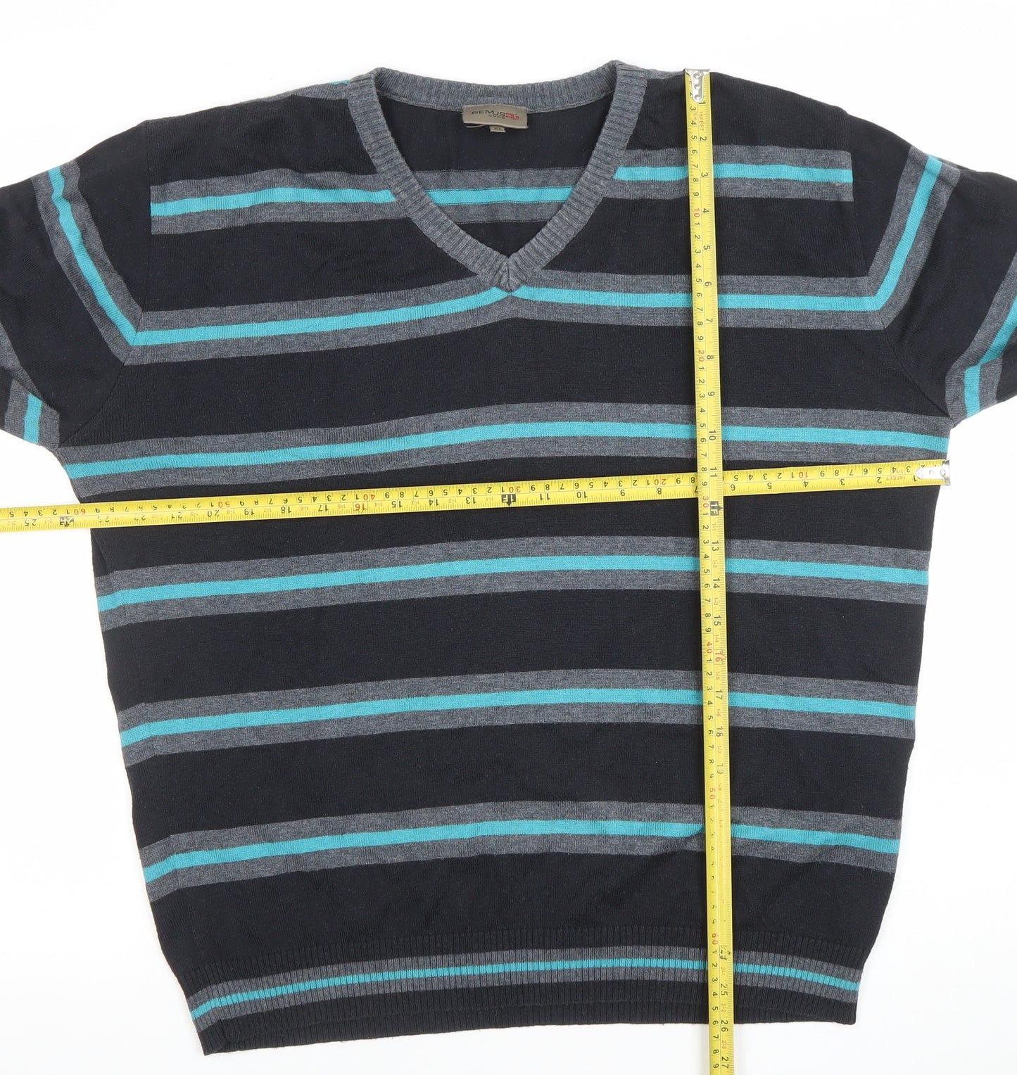 Remus Uomo Men's Blue Striped V-Neck Cotton Blend Jumper XL
