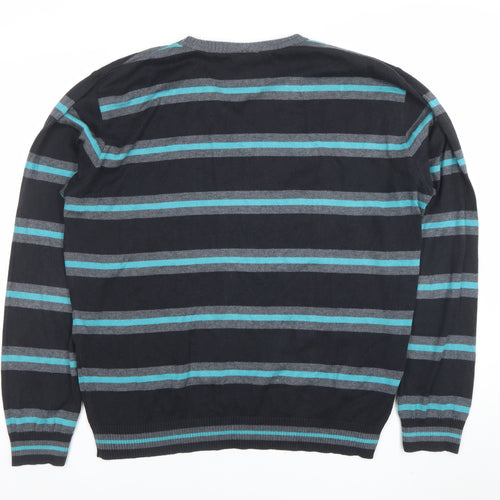 Remus Uomo Men's Blue Striped V-Neck Cotton Blend Jumper XL