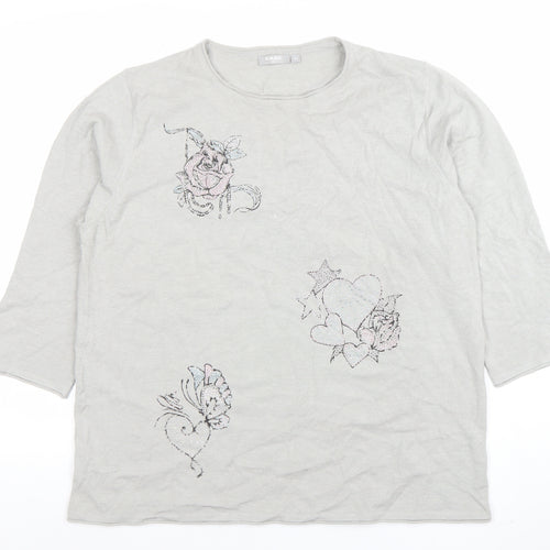 Rabe Womens Grey 3/4 Sleeve Embroidered Floral T-Shirt Size 14