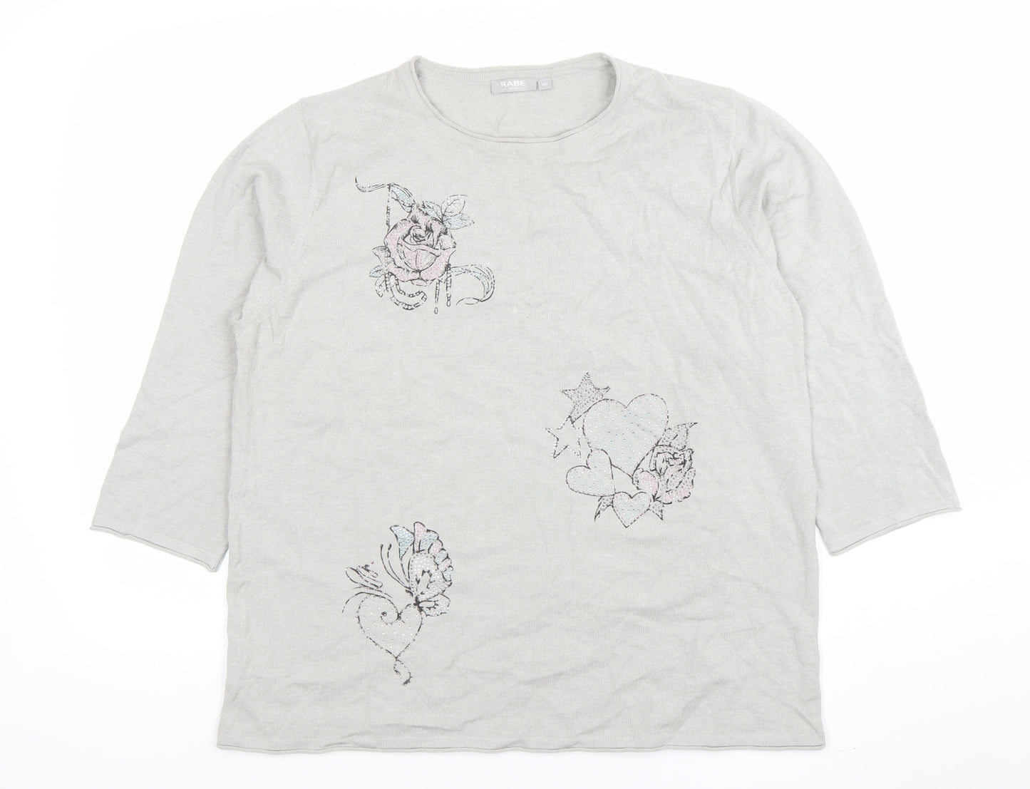 Rabe Womens Grey 3/4 Sleeve Embroidered Floral T-Shirt Size 14