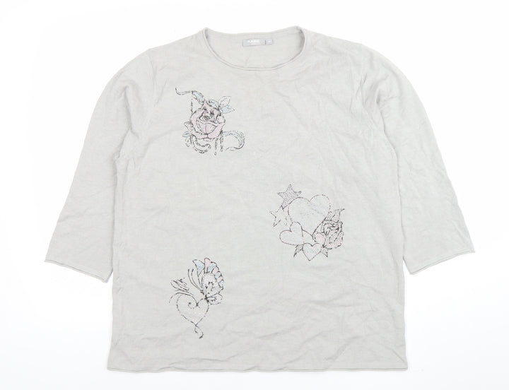 Rabe Womens Grey 3/4 Sleeve Embroidered Floral T-Shirt Size 14