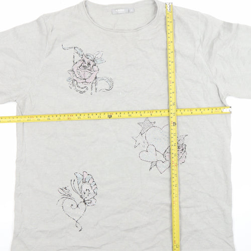 Rabe Womens Grey 3/4 Sleeve Embroidered Floral T-Shirt Size 14