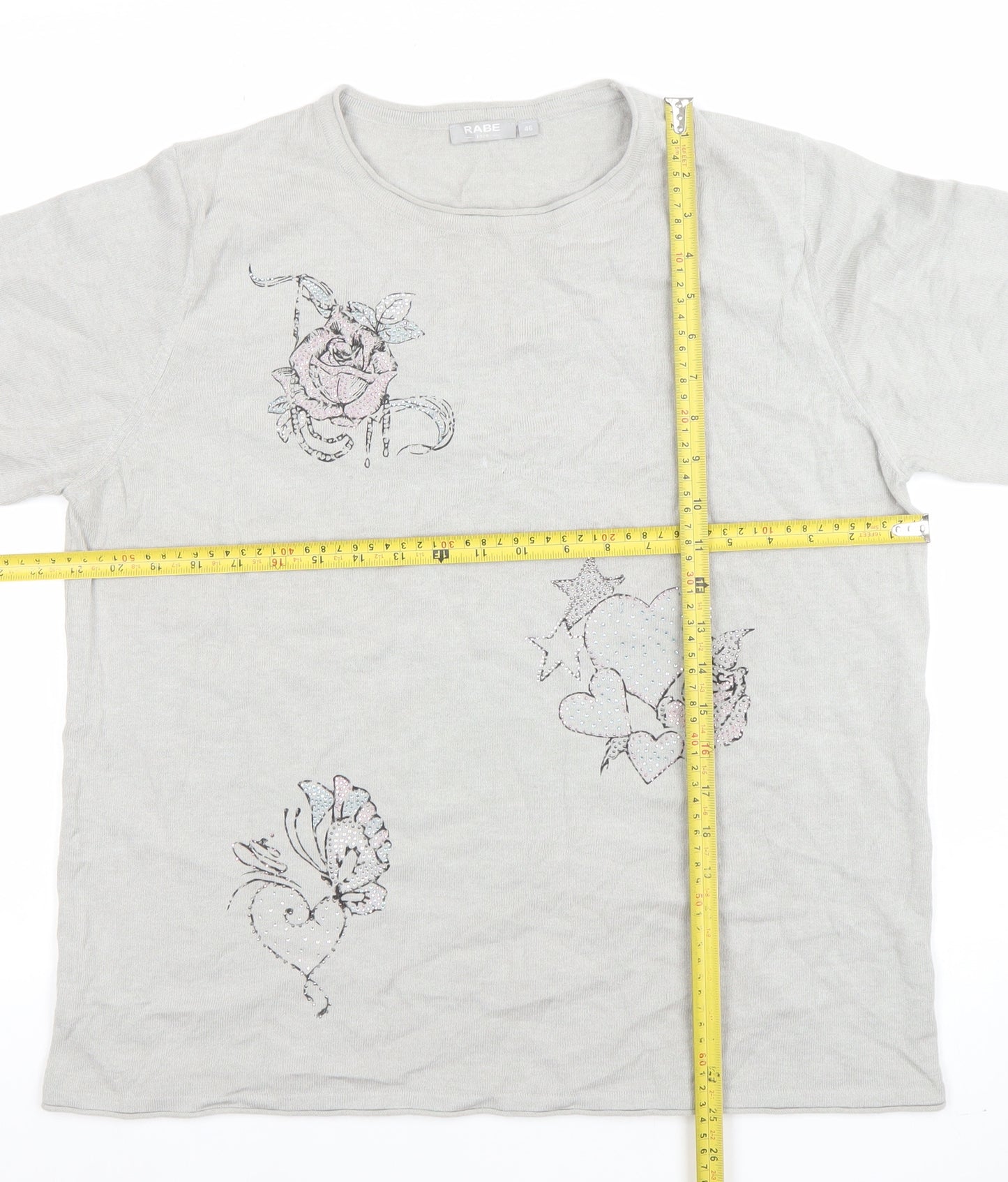 Rabe Womens Grey 3/4 Sleeve Embroidered Floral T-Shirt Size 14