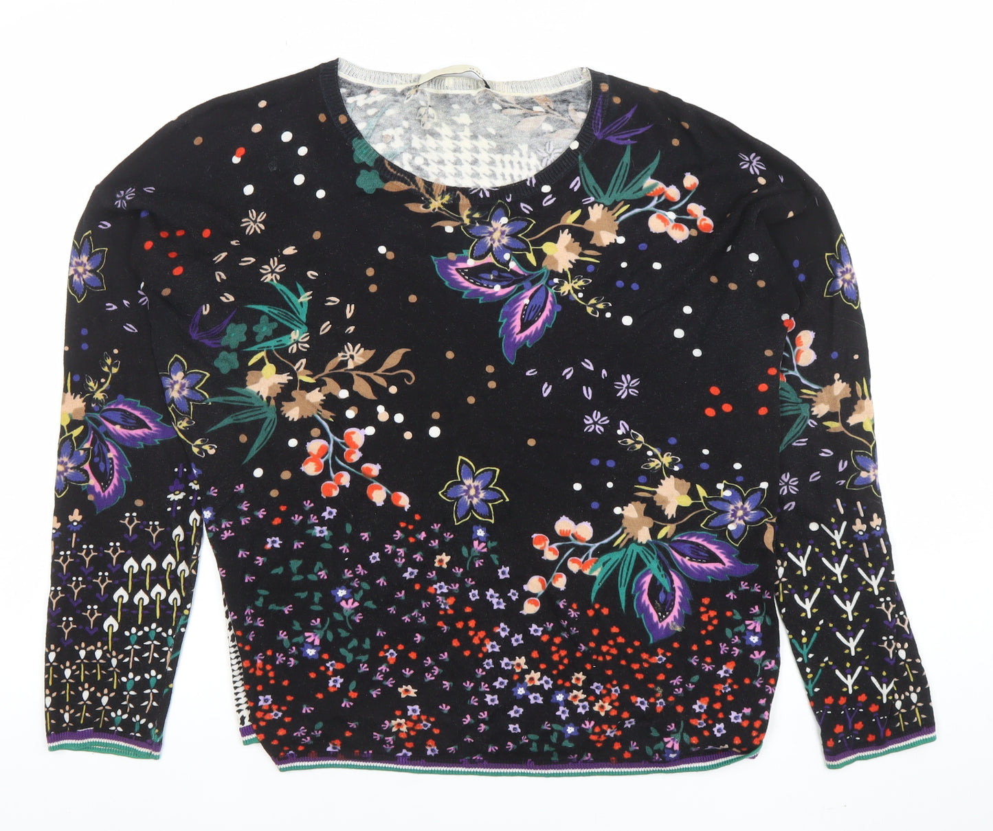 Oui Womens Black Floral Check Long Sleeve Cotton Blouse Size 12