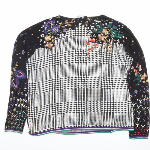 Oui Womens Black Floral Check Long Sleeve Cotton Blouse Size 12