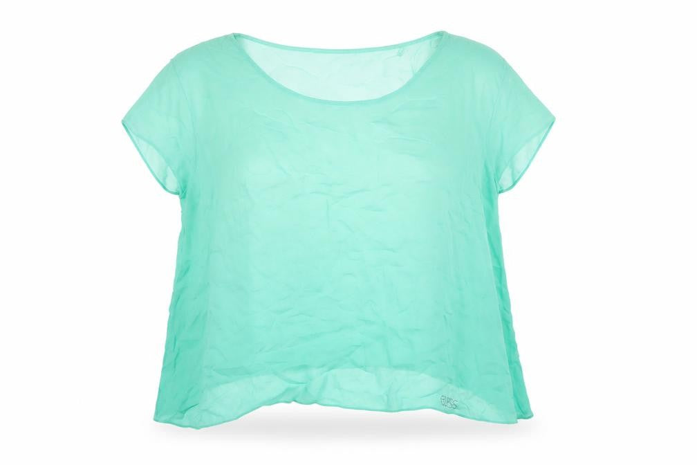 Front view of Guess Women Green Chiffon Short Sleeve Blouse, size S