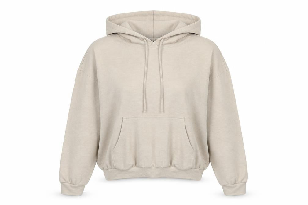 Front view of Prévu Women Beige Pullover Hoodie, size 8, Relaxed Fit Cotton Blend