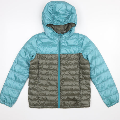 Uniqlo Boys Blue Green Hooded Puffer Jacket 11-12 Years Polyester Down
