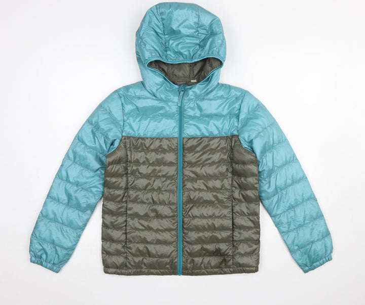 Uniqlo Boys Blue Green Hooded Puffer Jacket 11-12 Years Polyester Down