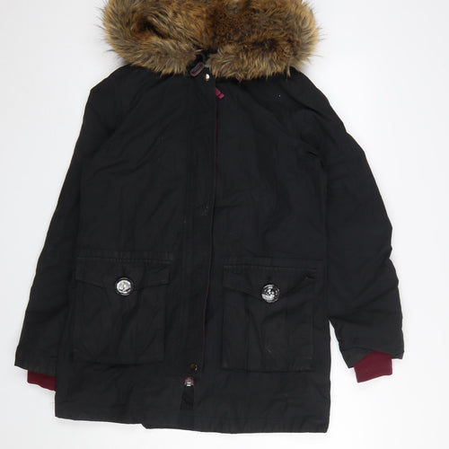 Boden Women Black Faux Fur Hooded Parka Coat Size 10