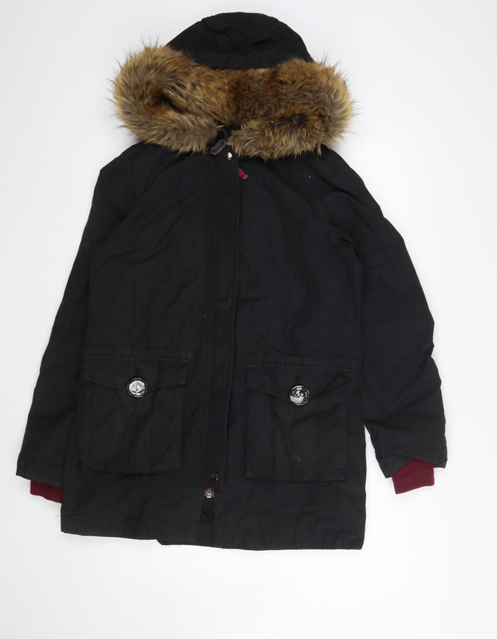 Boden Women Black Faux Fur Hooded Parka Coat Size 10